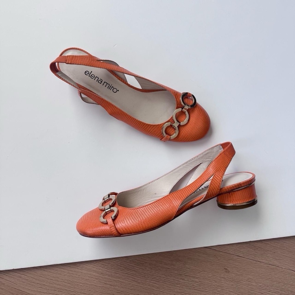 Leather Slingback Heels 38/7.5 Chains Y2K Orange Preppy Vintage Chic Elena Miro